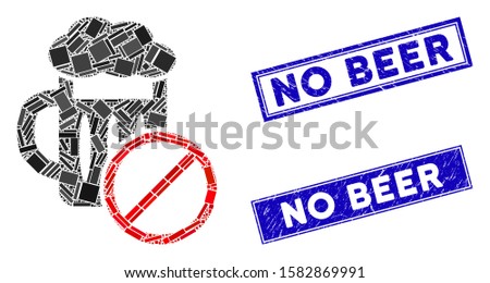 Mosaic no beer drinking icon and rectangular No Beer watermarks. Flat vector no beer drinking mosaic pictogram of random rotated rectangular items. Blue No Beer watermarks with dirty texture.