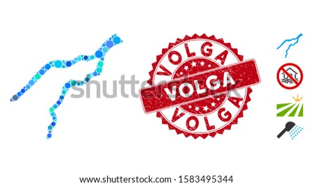 Mosaic river icon and rubber stamp watermark with Volga text. Mosaic vector is created with river pictogram and with randomized spheric items. Volga stamp seal uses red color, and rubber design.