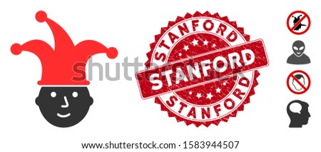 Vector clown head icon and grunge round stamp seal with Stanford caption. Flat clown head icon is isolated on a white background. Stanford stamp uses red color and grunge texture.