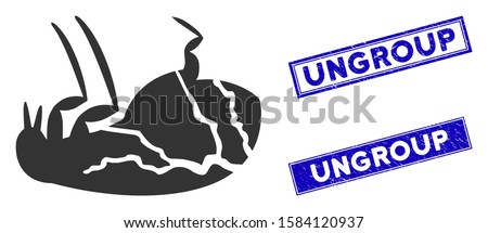 Flat vector sick flea pictogram and rectangular Ungroup seal stamps. A simple illustration iconic design of Sick Flea on a white background. Blue Ungroup seal stamps with corroded texture.