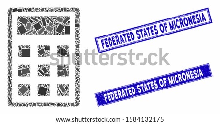 Mosaic calculator icon and rectangular Federated States of Micronesia seal stamps. Flat vector calculator mosaic icon of randomized rotated rectangular items.