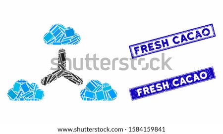 Mosaic cloud network icon and rectangular Fresh Cacao stamps. Flat vector cloud network mosaic icon of scattered rotated rectangle items. Blue Fresh Cacao seal stamps with scratched surface.