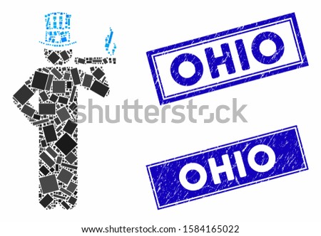 Mosaic American capitalist icon and rectangle Ohio seals. Flat vector American capitalist mosaic icon of randomized rotated rectangular items. Blue Ohio rubber seals with scratched surface.