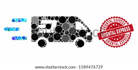 Mosaic fast Dash delivery car and grunge stamp seal with Oriental Express phrase. Mosaic vector is formed from fast Dash delivery car icon and with randomized circle spots.