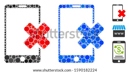 Wrong smartphone composition of filled circles in various sizes and color hues, based on wrong smartphone icon. Vector filled circles are organized into blue composition.