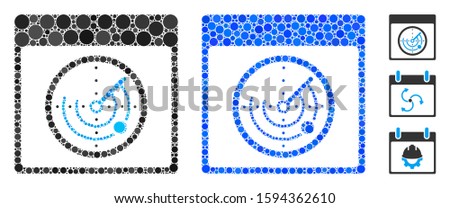 Radar calendar page mosaic of round dots in different sizes and shades, based on radar calendar page icon. Vector round elements are composed into blue mosaic.