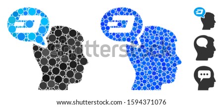 Dash thinking balloon mosaic of round dots in various sizes and color tints, based on Dash thinking balloon icon. Vector round dots are grouped into blue composition.