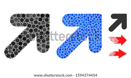 Arrow up right composition of small circles in various sizes and color tones, based on arrow up right icon. Vector random circles are united into blue composition.