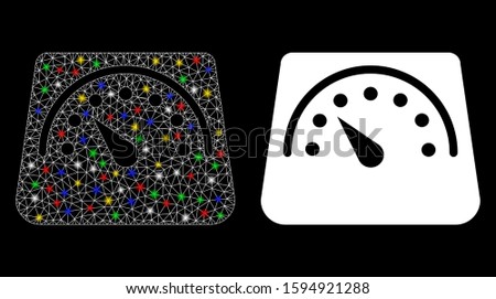 Glowing mesh floor scales icon with sparkle effect. Abstract illuminated model of floor scales. Shiny wire frame triangular mesh floor scales icon. Vector abstraction on a black background.