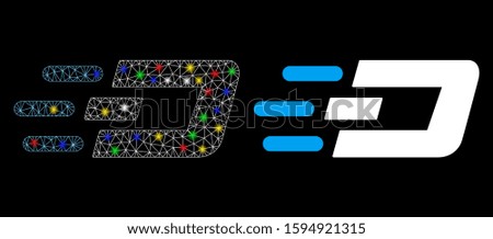 Flare mesh fast send Dash icon with sparkle effect. Abstract illuminated model of fast send Dash. Shiny wire carcass triangular mesh fast send Dash icon. Vector abstraction on a black background.