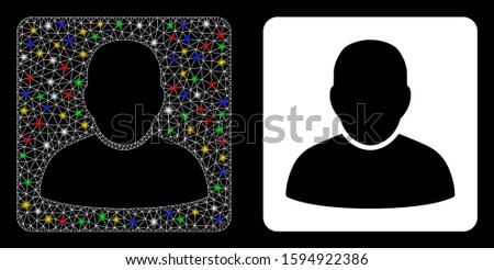 Glossy mesh man vcard icon with glow effect. Abstract illuminated model of man vcard. Shiny wire carcass polygonal mesh man vcard icon. Vector abstraction on a black background.