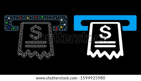 Flare mesh cashier receipt icon with lightspot effect. Abstract illuminated model of cashier receipt. Shiny wire carcass polygonal network cashier receipt icon.