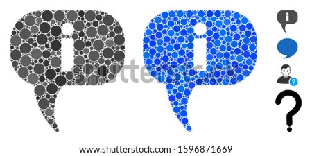 About composition of small circles in variable sizes and color tinges, based on about icon. Vector small circles are grouped into blue collage. Dotted about icon in usual and blue versions.