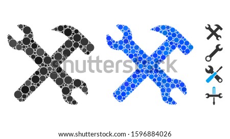 Wrench and hammer tools composition of filled circles in different sizes and color tints, based on wrench and hammer tools icon. Vector filled circles are organized into blue composition.