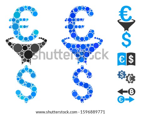 Euro Dollar conversion filter composition of circle elements in different sizes and color tones, based on Euro Dollar conversion filter icon. Vector circle elements are composed into blue collage.