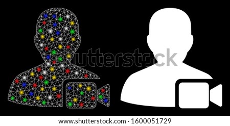 Glossy mesh user video icon with sparkle effect. Abstract illuminated model of user video. Shiny wire frame triangular mesh user video icon. Vector abstraction on a black background.