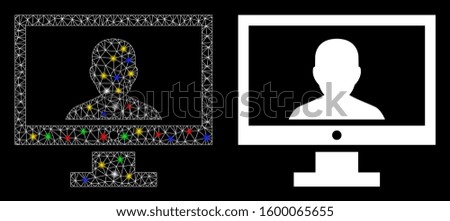 Glossy mesh video blogger PC icon with lightspot effect. Abstract illuminated model of video blogger PC. Shiny wire carcass polygonal mesh video blogger PC icon.