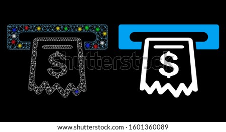 Glossy mesh receipt terminal icon with glare effect. Abstract illuminated model of receipt terminal. Shiny wire carcass triangular mesh receipt terminal icon. Vector abstraction on a black background.