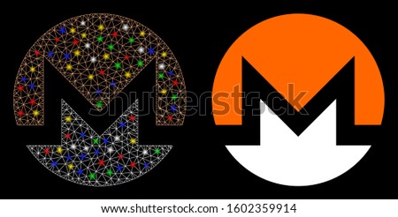 Bright mesh Monero currency icon with glitter effect. Abstract illuminated model of Monero currency. Shiny wire frame triangular mesh Monero currency icon. Vector abstraction on a black background.