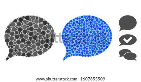 Hint balloon composition of circle elements in variable sizes and color tints, based on hint balloon icon. Vector round elements are combined into blue composition.