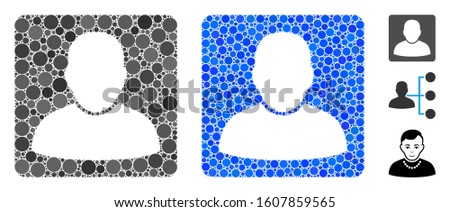 Man vcard composition of round dots in different sizes and color tones, based on man vcard icon. Vector round dots are grouped into blue composition. Dotted man vcard icon in usual and blue versions.