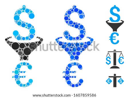 Dollar Euro conversion filter composition of spheric dots in different sizes and color tones, based on Dollar Euro conversion filter icon. Vector dots are composed into blue composition.