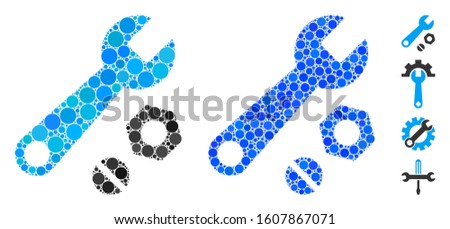 Wrench and nuts mosaic of filled circles in variable sizes and color tints, based on wrench and nuts icon. Vector filled circles are united into blue composition.