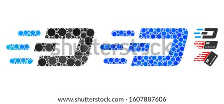 Fast send Dash mosaic of spheric dots in variable sizes and color tinges, based on fast send Dash icon. Vector round dots are organized into blue mosaic.