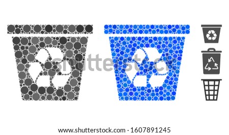 Recycle bin mosaic of round dots in different sizes and color tints, based on recycle bin icon. Vector round dots are combined into blue mosaic. Dotted recycle bin icon in usual and blue versions.