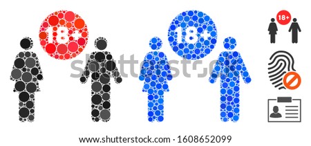 For adults composition of spheric dots in various sizes and color tones, based on for adults icon. Vector dots are grouped into blue composition. Dotted for adults icon in usual and blue versions.