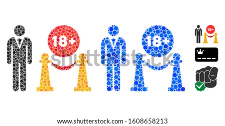 For adults only mosaic of filled circles in variable sizes and color tinges, based on for adults only icon. Vector filled circles are combined into blue composition.