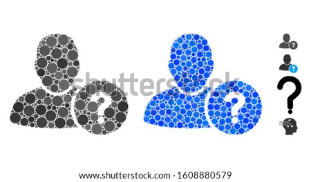 User question composition of filled circles in different sizes and color hues, based on user question icon. Vector dots are grouped into blue composition.