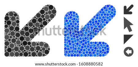 Arrow down left mosaic of small circles in various sizes and color tints, based on arrow down left icon. Vector small circles are composed into blue collage.