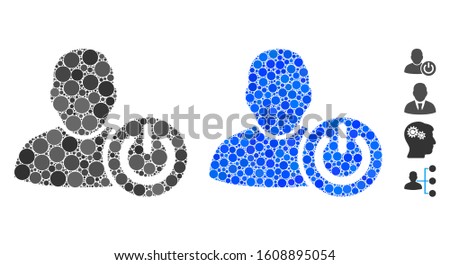 User log off composition of filled circles in variable sizes and color tinges, based on user log off icon. Vector filled circles are united into blue composition.