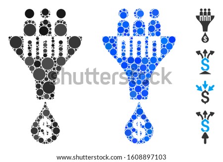 Sales filter mosaic of small circles in different sizes and shades, based on sales filter icon. Vector small circles are grouped into blue mosaic. Dotted sales filter icon in usual and blue versions.