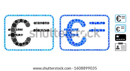 Euro account card composition of filled circles in various sizes and color tinges, based on Euro account card icon. Vector filled circles are united into blue collage.