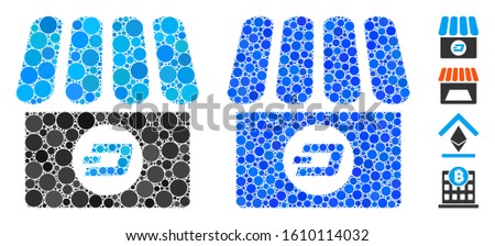 Dash shop composition of filled circles in different sizes and color tones, based on Dash shop icon. Vector filled circles are composed into blue mosaic.
