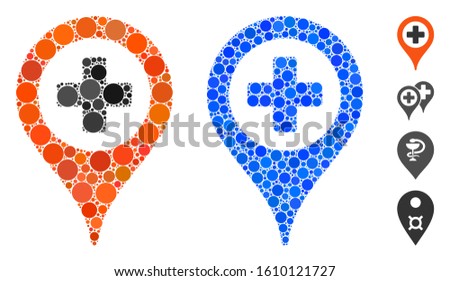 Clinic pointer composition of spheric dots in variable sizes and shades, based on clinic pointer icon. Vector dots are organized into blue composition.