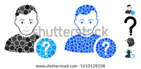 User status mosaic of filled circles in various sizes and color tones, based on user status icon. Vector small circles are grouped into blue composition.