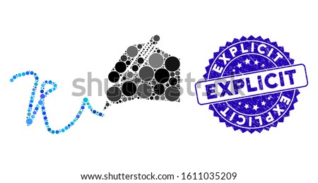 Collage hand signature icon and rubber stamp watermark with Explicit text. Mosaic vector is designed with hand signature icon and with random round items. Explicit stamp uses blue color,