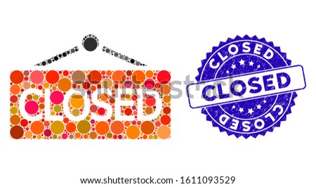 Mosaic closed announce icon and corroded stamp watermark with Closed caption. Mosaic vector is designed with closed announce icon and with randomized spheric items. Closed stamp uses blue color,