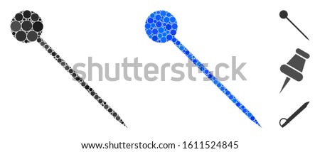 Sharp pin composition of round dots in different sizes and color tones, based on sharp pin icon. Vector round elements are composed into blue composition.