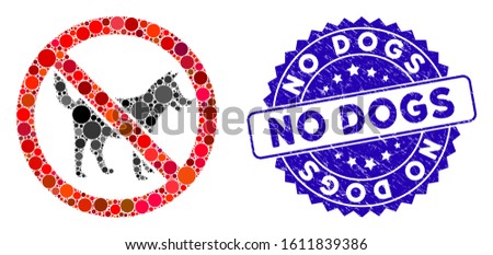 Mosaic no dogs icon and rubber stamp seal with No Dogs text. Mosaic vector is designed with no dogs icon and with random spheric elements. No Dogs stamp seal uses blue color, and grunge design.