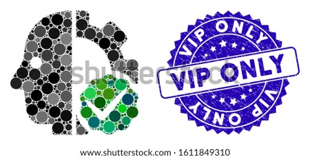 Mosaic for cyborgs only icon and rubber stamp seal with Vip Only text. Mosaic vector is formed from for cyborgs only icon and with randomized round elements. Vip Only stamp uses blue color,