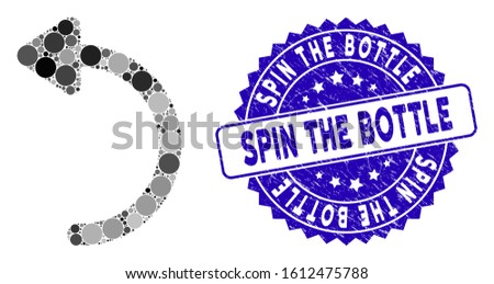 Mosaic rotate CCW icon and rubber stamp seal with Spin the Bottle phrase. Mosaic vector is composed with rotate CCW icon and with random circle items. Spin the Bottle seal uses blue color,