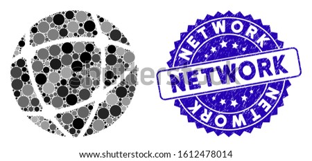 Mosaic network icon and rubber stamp watermark with Network text. Mosaic vector is formed with network icon and with random circle elements. Network stamp uses blue color, and distress surface.