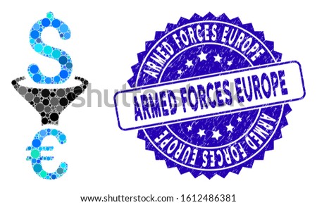 Collage Dollar Euro conversion filter icon and rubber stamp seal with Armed Forces Europe phrase. Mosaic vector is composed with Dollar Euro conversion filter icon and with scattered circle elements.