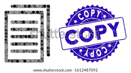 Mosaic copy icon and grunge stamp watermark with Copy caption. Mosaic vector is composed with copy icon and with scattered circle elements. Copy stamp seal uses blue color, and grunge design.