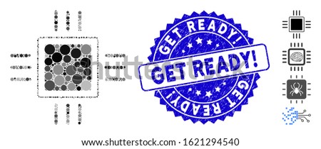 Collage processor icon and grunge stamp seal with Get Ready! phrase. Mosaic vector is created with processor icon and with random circle items. Get Ready! stamp seal uses blue color,