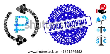 Mosaic refresh rouble balance icon and rubber stamp seal with Japan, Yokohama caption. Mosaic vector is formed with refresh rouble balance icon and with randomized spheric spots. Japan,